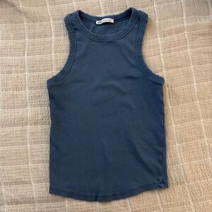 ZARA Blue Ribbed Distressed Neckline Tank Top Size Medium